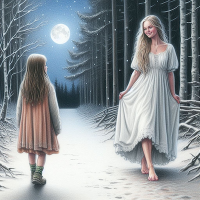 Grafik von einem Mädchen welches eine gute Fee trifft